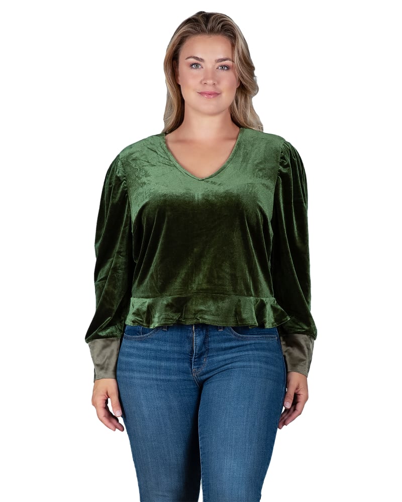 Front of a model wearing a size 3X Stretch Velvet Peplum Top in Green by Standards & Practices. | dia_product_style_image_id:275819